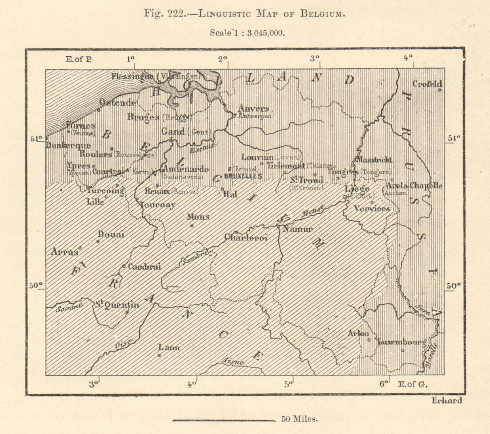 Linguistic Map of Belgium. French Dutch Flemish. Sketch map 1885 old